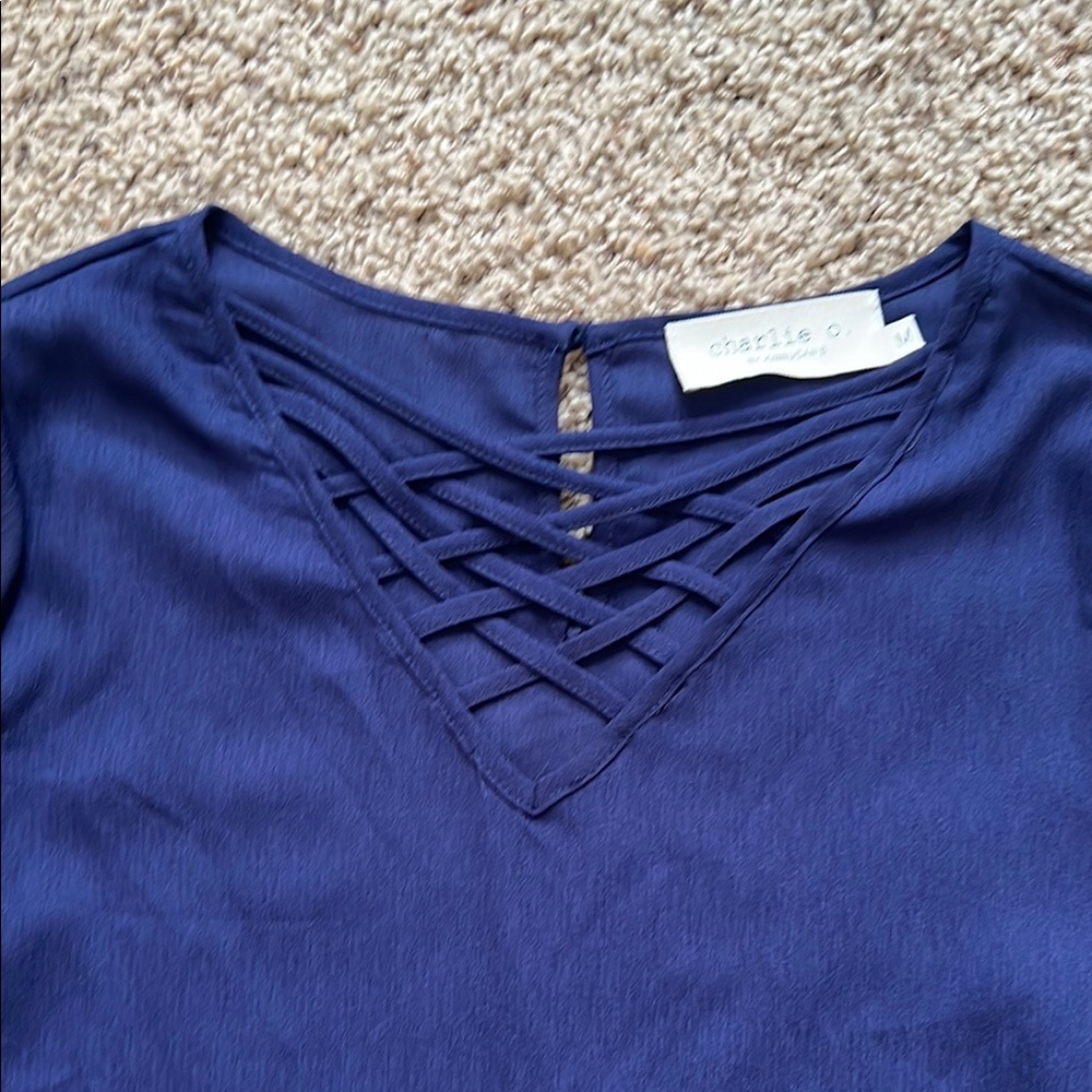 Blue Ruffled Blouse with Tie Front - Picture 3 of 6